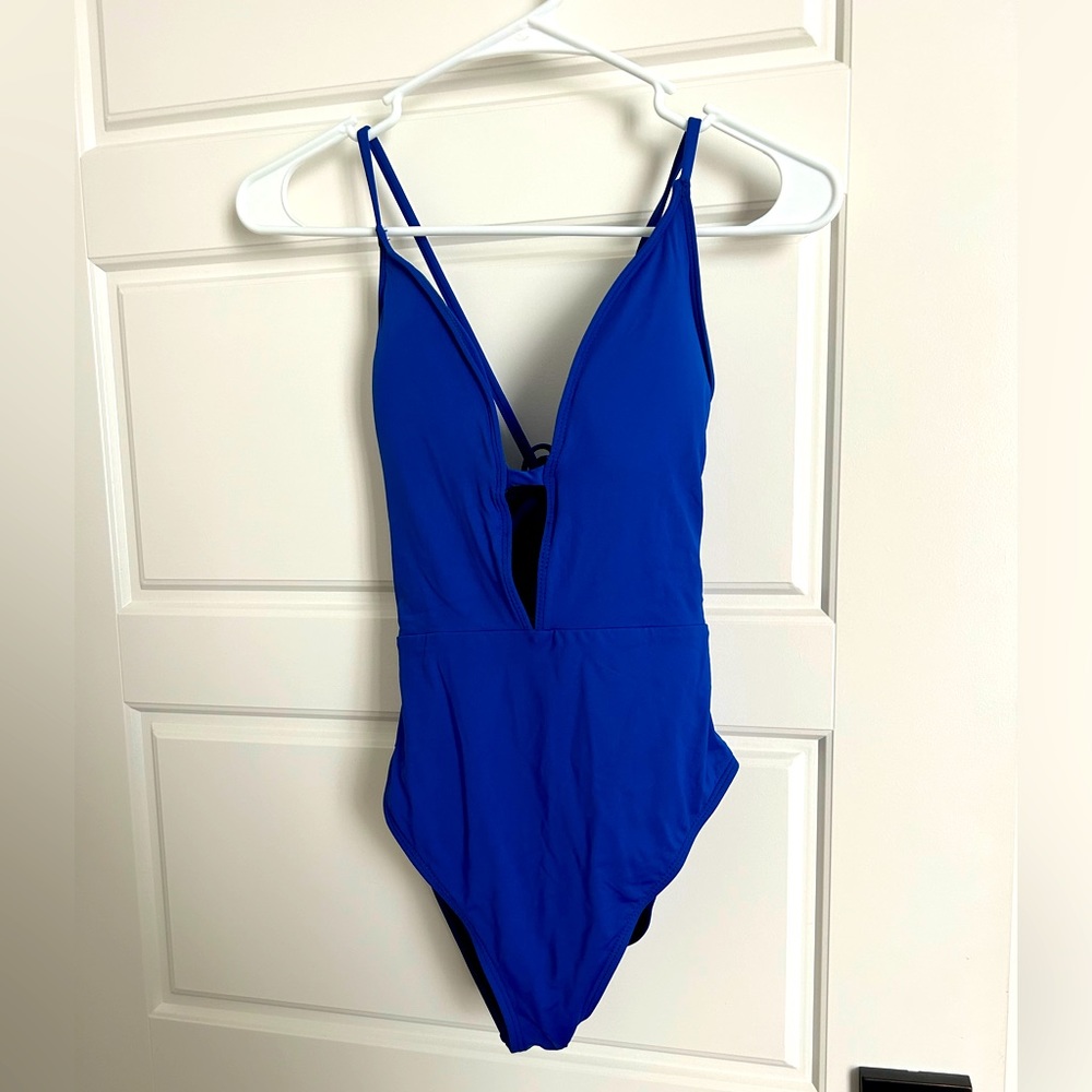 La Blanca Apollo Blue Deep V One Piece Swimsuit Size 10